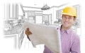 Contractor Holding Blueprints Over Custom Kitchen Drawing Royalty Free Stock Photo