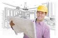 Contractor Holding Blueprints Over Custom Kitchen Drawing Royalty Free Stock Photo