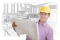 Contractor Holding Blueprints Over Custom Kitchen Drawing Royalty Free Stock Photo