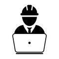 Contractor icon vector male construction service worker person profile avatar with laptop and hardhat helmet in glyph pictogram