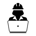 Contractor icon vector male construction service worker person profile avatar with laptop and hardhat helmet in glyph pictogram