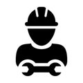 Contractor icon vector male worker person profile avatar with hardhat helmet and wrench or spanner tool in glyph pictogram