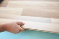 Contractor installing wooden laminate flooring with insulation and soundproofing sheets. Man laying laminate flooring. Royalty Free Stock Photo