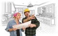 Contractor Talking with Customer Over Kitchen Drawing