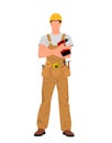 Contractor Worker, Handyman In Overall And Tool Belt Holding Drill