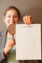 Business woman with contract and loupe Royalty Free Stock Photo