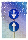 Contradiction concept image with road signs in jugsaw puzzle shape