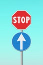 Contradiction concept with stop and arrow traffic signs - concept image