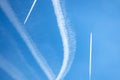 Contrails from airplanes high in the blue sky. Royalty Free Stock Photo