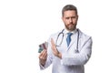 contraindication to pills. man with contraindication gesture. Royalty Free Stock Photo