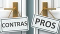 Contras or pros as a choice in life - pictured as words Contras, pros on doors to show that Contras and pros are different options