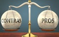 Contras and pros staying in balance - pictured as a metal scale with weights and labels contras and pros to symbolize balance and