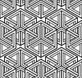 Contrast black and white symmetric seamless pattern with interweave figures. Continuous geometric composition, for use in graphic