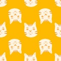 Contrast bright seamless cat pattern. Bright yellow background with white faces animals elements