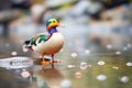 contrast of colorful duck against murky pond