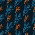 Contrast creative seamless food spicy pattern with orange and blue rosemary branches on black background