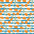 Contrast doodle seamless pattern with orange pumpkin and grey zucchini food ornament. White bacgound with blue strips