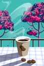 Contrast illustration cup with hot coffee, coffee beans and beautiful wavy fragrant steam.