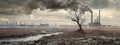 The contrast between a lifeless tree and a polluted urban backdrop. Royalty Free Stock Photo