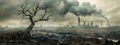 The contrast between a lifeless tree and a polluted urban backdrop. Royalty Free Stock Photo