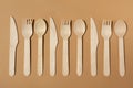 Contrast lighting. Eco friendly wooden cutlery. Fork, knife, spoon. Plastic Free Concept Royalty Free Stock Photo