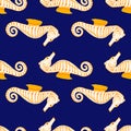 Contrast ocean fauna seamless pattern with orange contoured sea horse elements. Navu blue backround Royalty Free Stock Photo