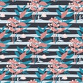 Contrast pink and blue forest bouquet silhouettes seamless pattern. Monochrome background with black and white strips