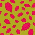 Contrast pink-red and dark yellow colored seamless pattern with raspberry leaves.