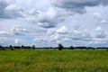 Contrast rain storm clouds over green meadow and some trees in summer. blue sky before the rain Royalty Free Stock Photo