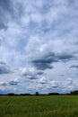 Contrast rain storm clouds over green meadow and some trees in summer. blue sky before the rain