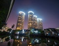 A contrast scene between new modern buildings and slums in developing countries like Vietnam. A landscape represents a reflection