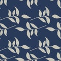 Contrast seamless botanic pattern with leaves branches ornament. Navy blue background. Grey color foliage Royalty Free Stock Photo