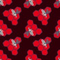 Contrast seamless doodle pattern with honeycombs and blue bees. Bright red ornament on dark maroon background