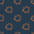 Contrast seamless doodle pattern with orange contoures sun silhouettes. Dark navy blue background Royalty Free Stock Photo