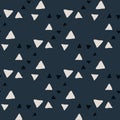 Contrast seamless pattern with doodle triangle silhouettes. Dark background with light geometric elements