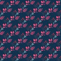 Contrast seamless pattern with folk ornamental botanic print. Pink flower and leaves on navy blue background Royalty Free Stock Photo