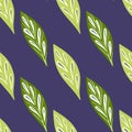 Contrast seamless pattern with green geometric leaf silhouettes print. Navy blue background