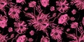 Contrast seamless watercolor pattern with bouquet of pink poppies on black background