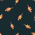 Contrast style seamless random pattern with orange and pink colored dinosaurs print. Navy blue background Royalty Free Stock Photo