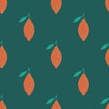 Contrast summer seamless pattern with vitamin orange lemons ornament. Green background