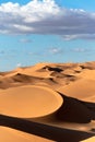 Landscape of sand dunes in contrasted sunny Sahara Desert and a big cloud in the blue sky Royalty Free Stock Photo