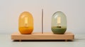 Contrasting Balance: Small Green And Yellow Lamps In Light Indigo And Dark Amber
