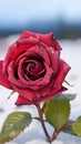 Contrasting beauty Close up view of crimson rose on snowy background