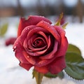 Contrasting beauty Close up view of crimson rose on snowy background