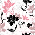 Contrasting floral black and pink seamless pattern of lilies, drawn vector flowers on a white background for fabric, wallpaper and