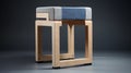 Contrasting Geometries: Wood And Fabric Stool On Gray Background