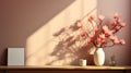 Contrasting Shadows: White Vase With Red Flowers And Light On Beige Wall