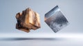 Contrasting Wood Cube and Metal Cube Floating in Air Royalty Free Stock Photo