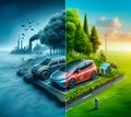 Contrasting Visions of Environmental Impact Traditional Gasoline Car Versus the Clean, Green Future of Electric Vehicles