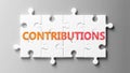 Contributions complex like a puzzle - pictured as word Contributions on a puzzle pieces to show that Contributions can be
